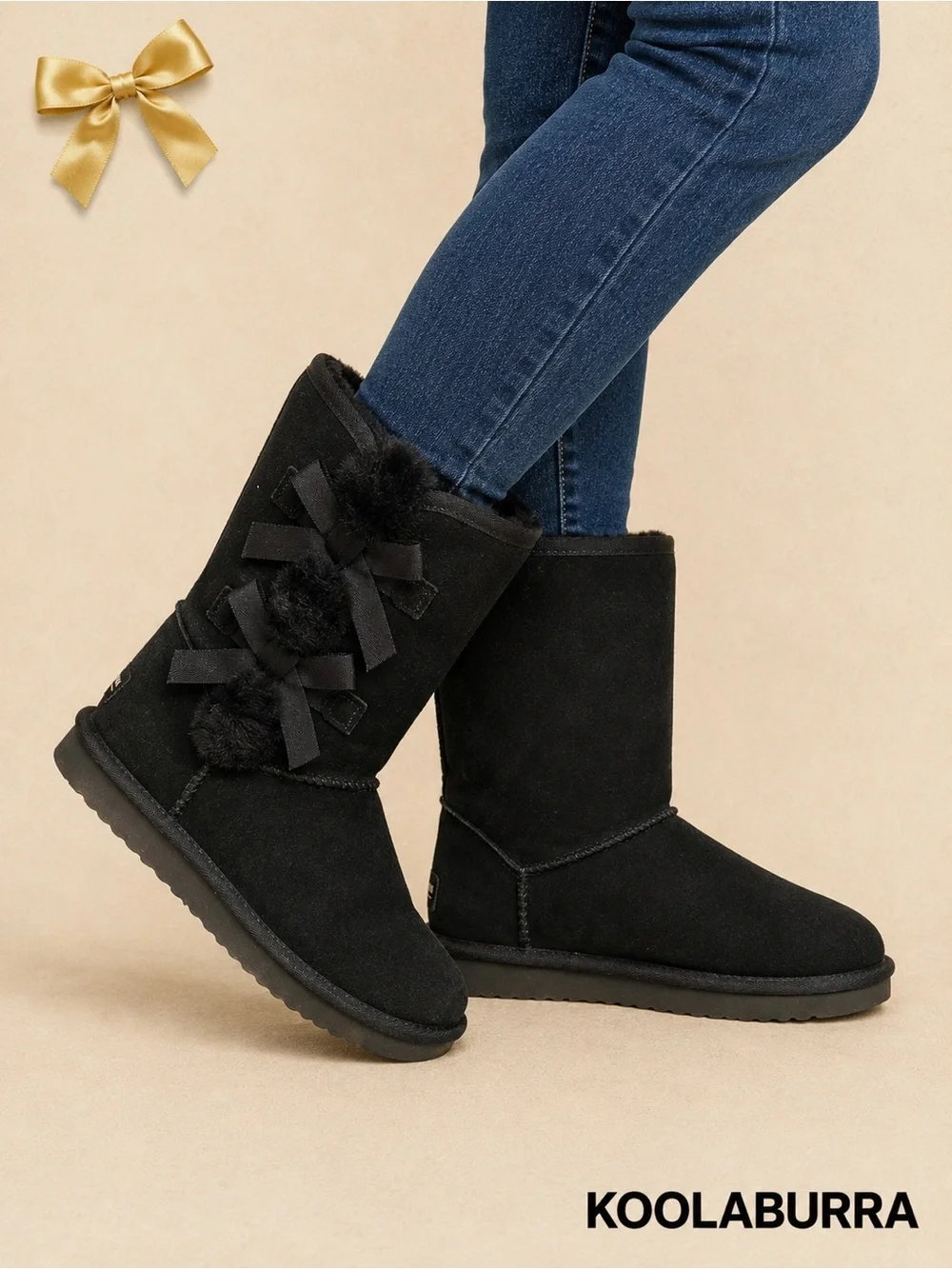 Koolaburra by UGG Black Faux Fur Bow Mid Boots Women’s US 8